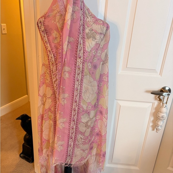 Spell Accessories - Spell Pink Floral Sheer Scarf with Cream Accents